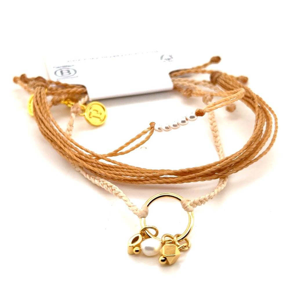 Pura Vida Live Free Bracelet Set Cream Tan Gold Tone Pearl Charm Adjustable NEW